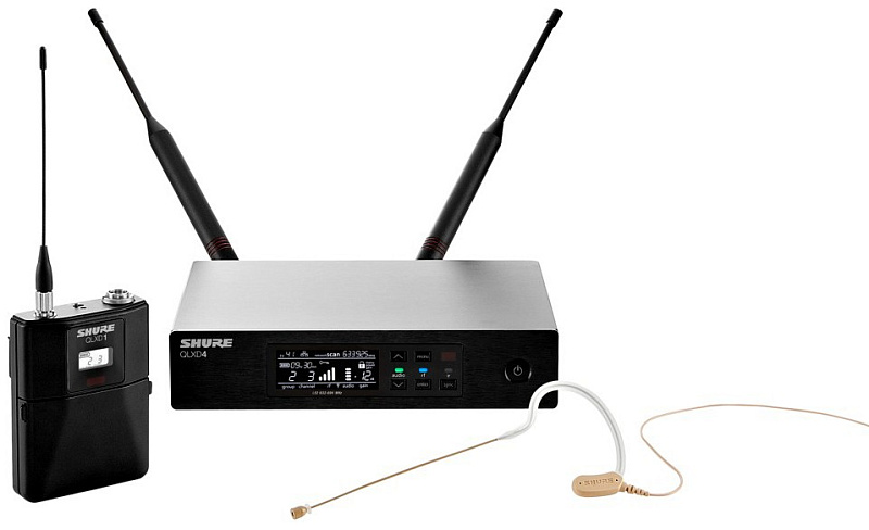 Фото SHURE QLXD14E/153T K51 606 - 670 MHz радиосистема с поясным передатчиком QLXD1 и головным микрофоном MX153T (телесного цвета)